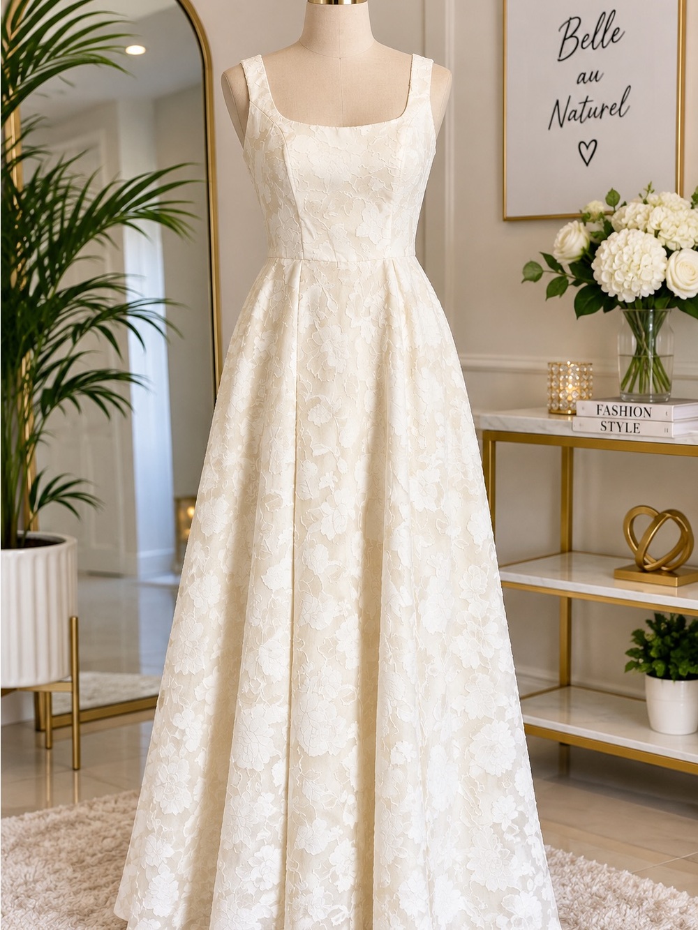 Elegant Ivory Floral Lace Maxi Dress with Square Neck